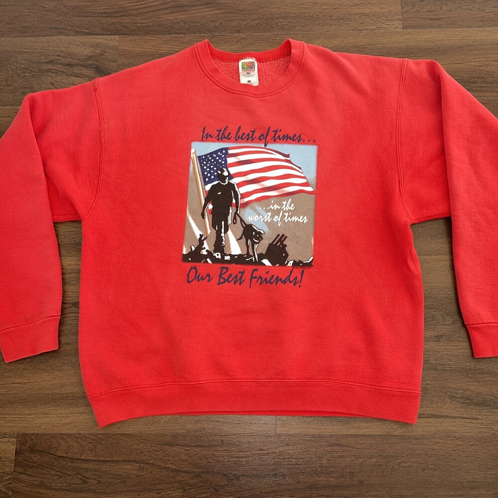 Vintage USA Flag CrewNeck Red Fade PullOver SweatShirt Large Pet Sit Stay 9/11